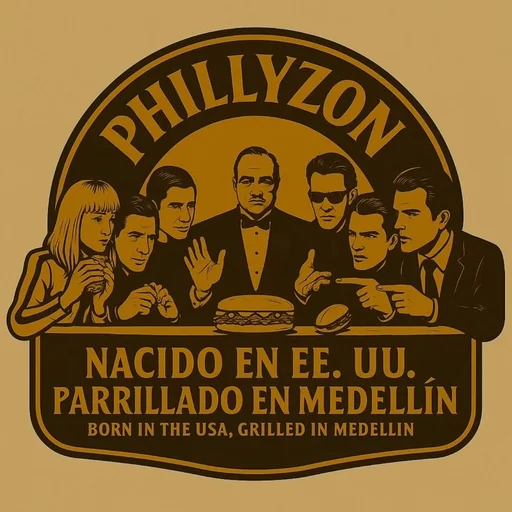 Phillyzon illustration: movie characters around a cheesesteak